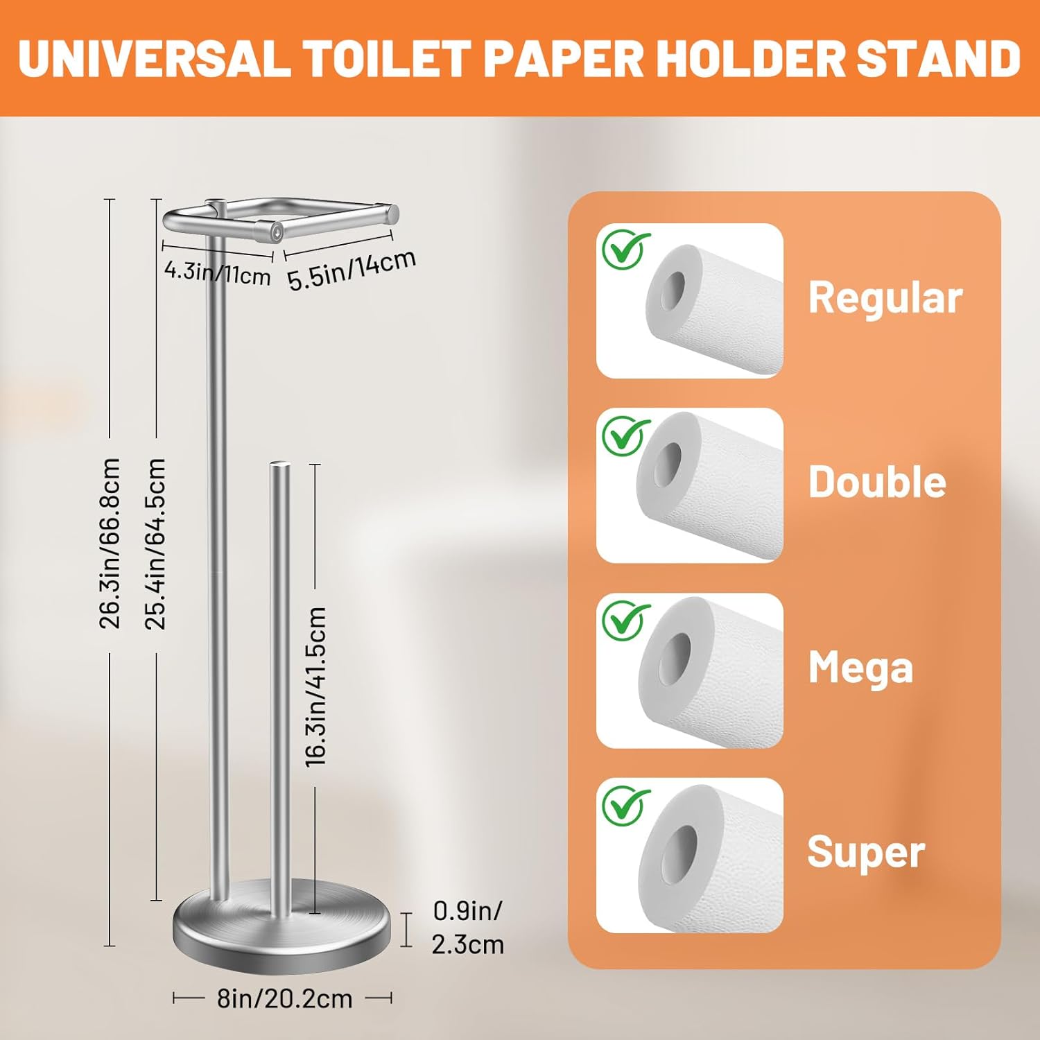 Housolution Toilet Paper Holder Stand, Brushed Nickel Freestanding Toilet Paper Holder with Post Pivoting Design and Stable Weighted Base, Stainless Steel Bathroom Toilet Paper Holder