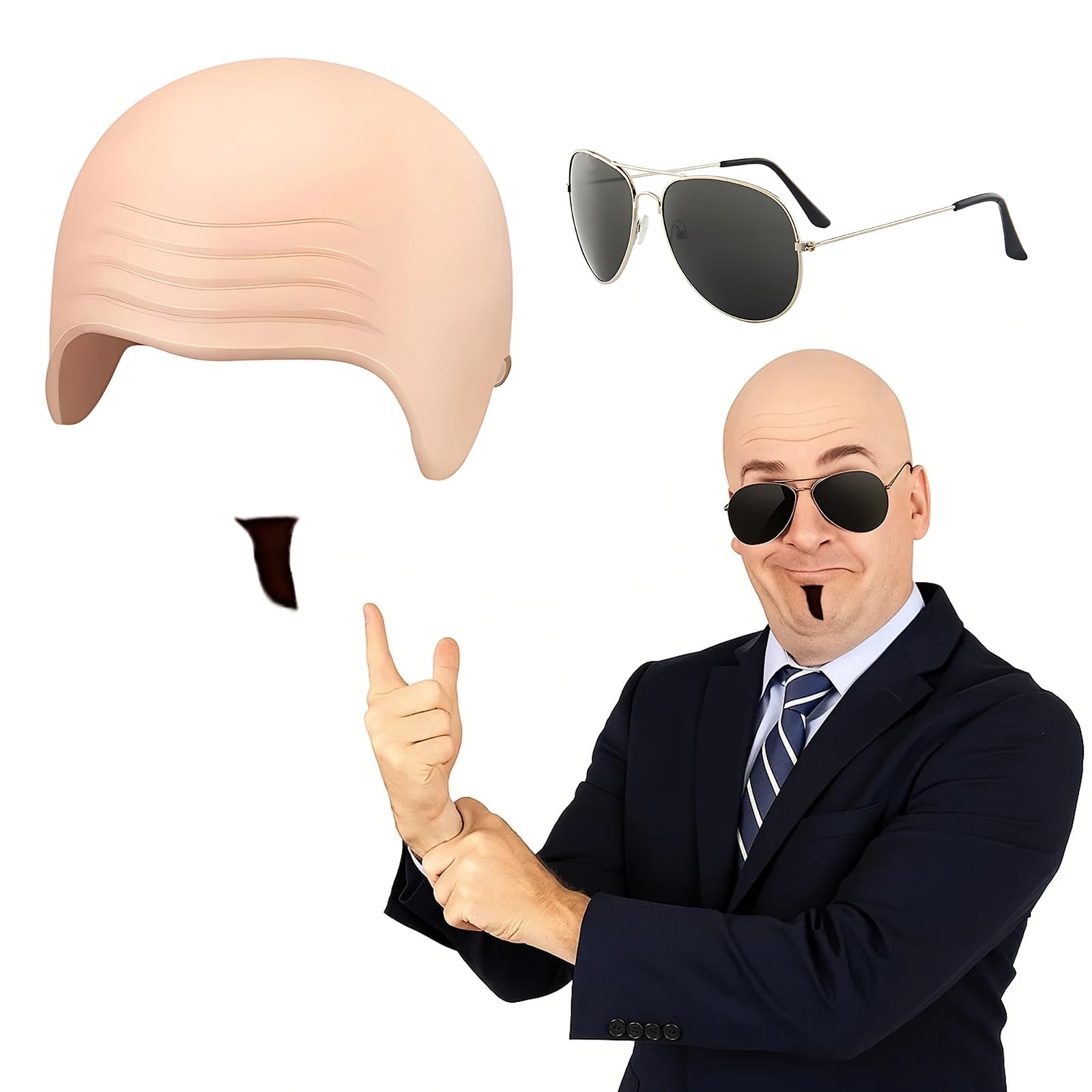 Pitbull Costume Set, Bald Cap Pitbull with Sunglasses and Fake Beard, Bald Cap for Party and Cosplay, One Size, Skin-friendly Materials