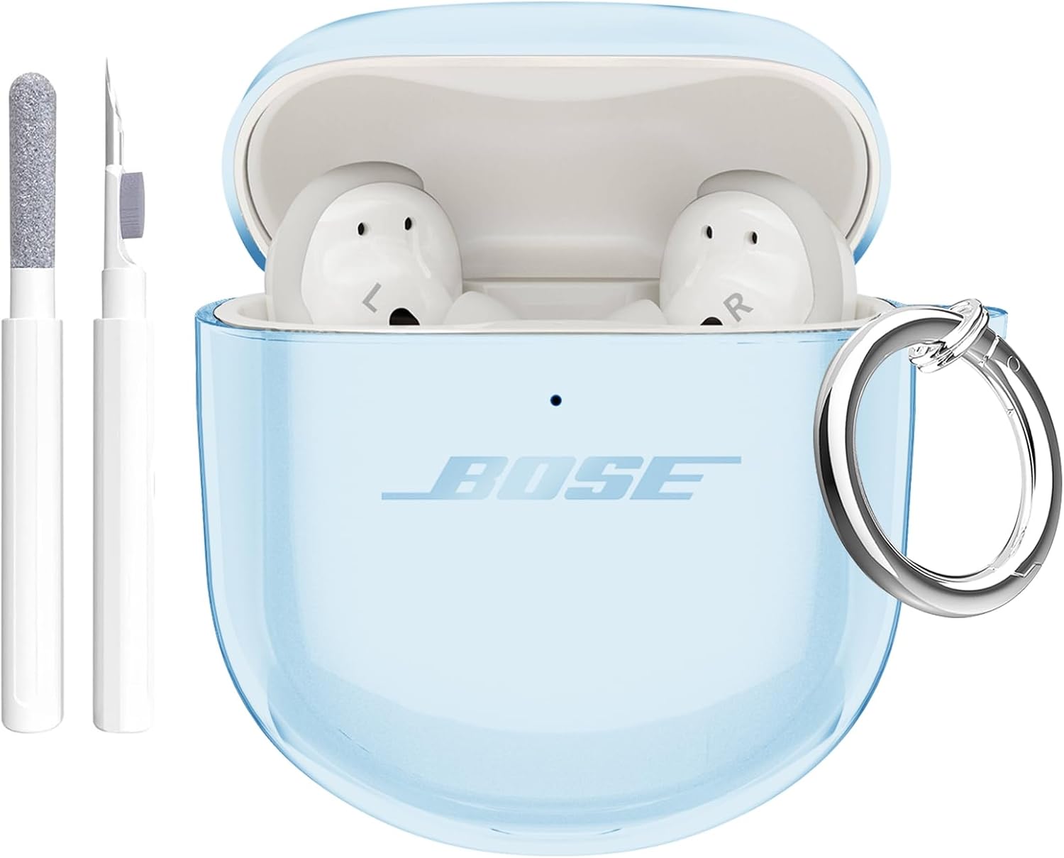Aircawin for Bose QuietComfort Earbuds II 2022/QuietComfort Ultra 2023 Case Clear,Full Protective Soft Transparent TPU Cover for Bose QC 2 Earbuds with Carabiner and Cleaning Pen-Blue