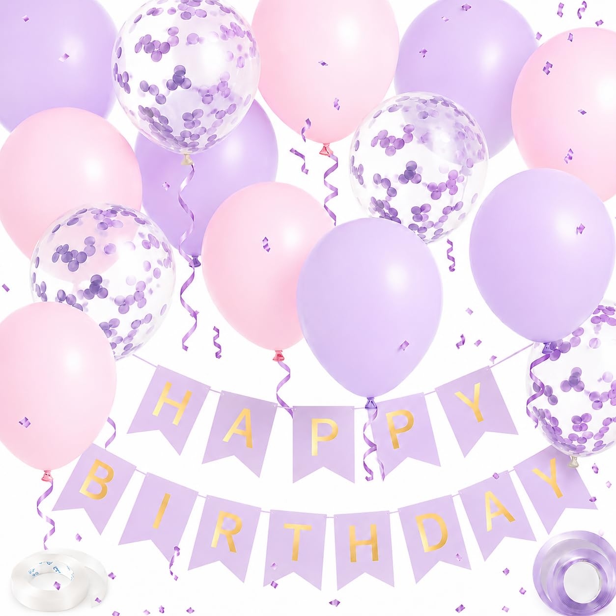 OHugs Happy Birthday Banner, Pink and Purple Birthday Decoration Set - Birthday Banner with Latex Balloons, Ribbon & Hooks – Lilac Party Decor for Girls & Women