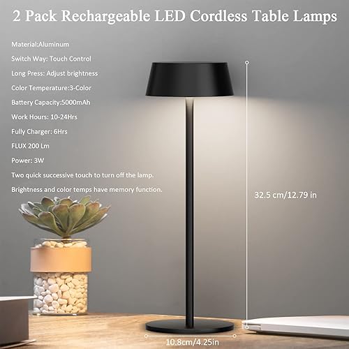 Miniatura 2 de Ralbay Paquete de 2 lámparas de mesa inalámbricas negras lámpara de mesa LED recargable IP54 impermeable para exteriores funciona con pilas