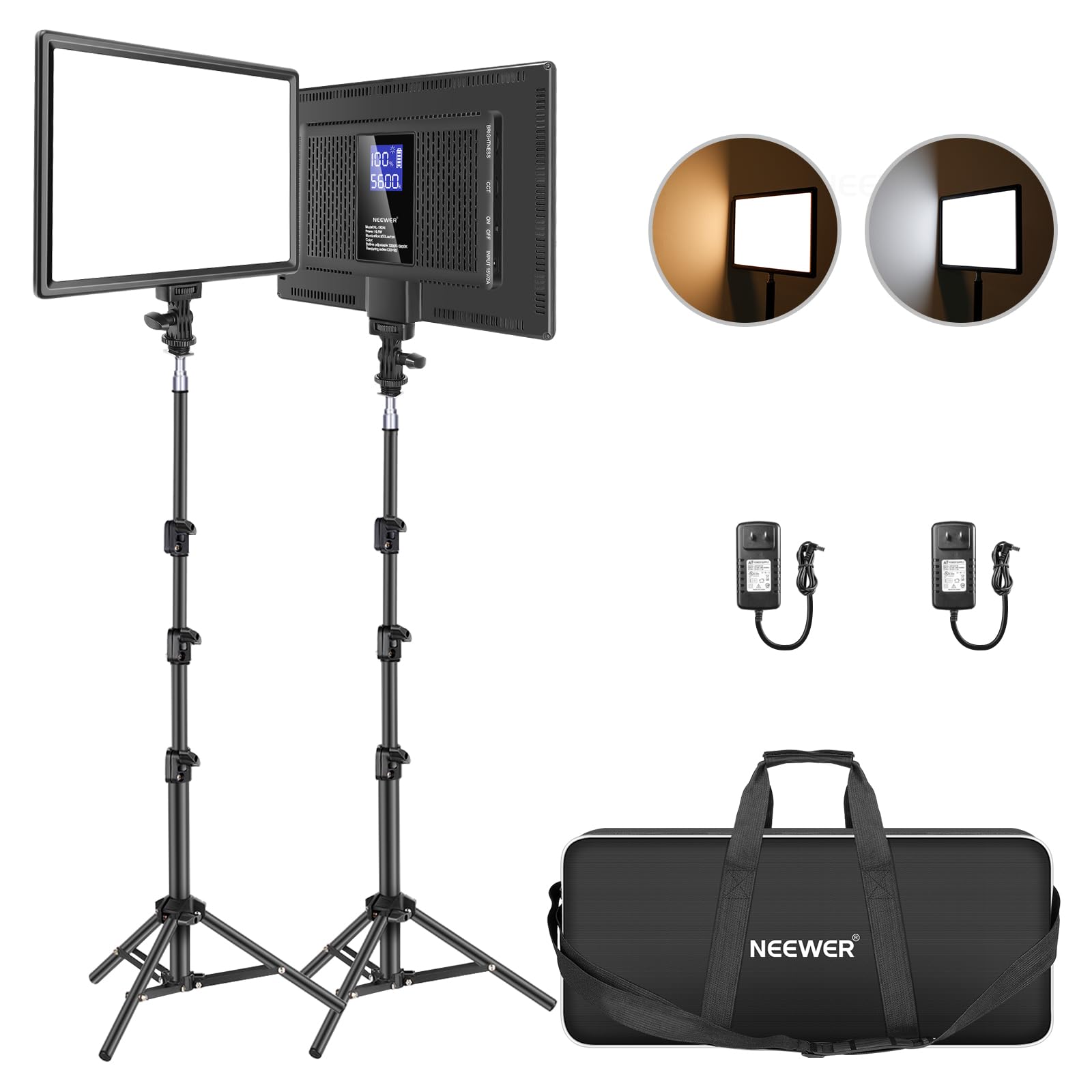 Neewer 13" Led Video Light Panel Kit, 2 Pack Dimmable Bi Color Soft Key Lighting with Tripod Stand, 8000mAh Battery, 3200~5600K CRI97+ 2400Lux for Game/Streaming/YouTube Recording/Studio Photography