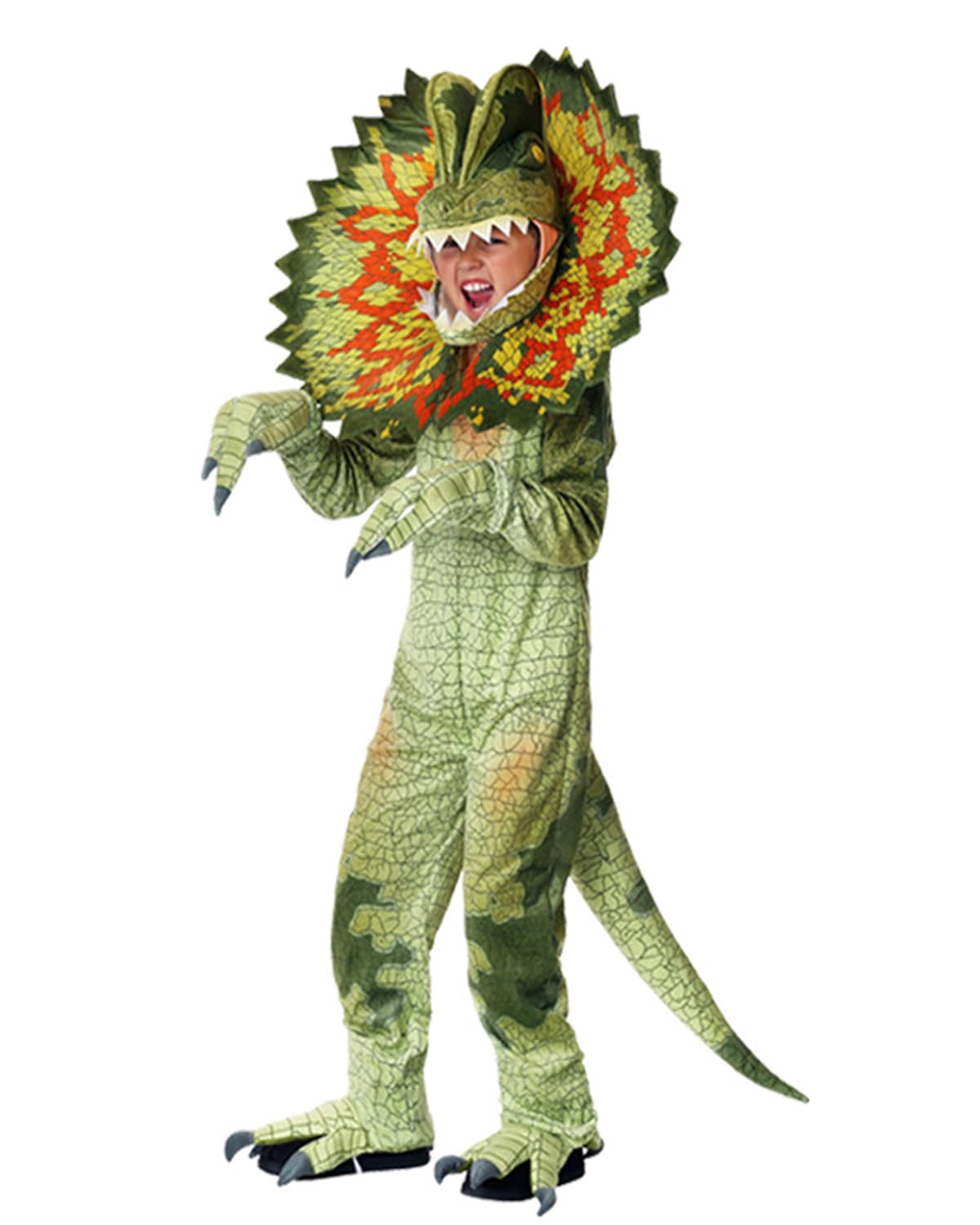 Koongso Unisex Kids Dinosaur Costume Prehistoric Dilophosaurus Jumpsuit with 3D Headpiece Halloween Birthday Party Fancy Dress Up Stage Role Play Outfit Props