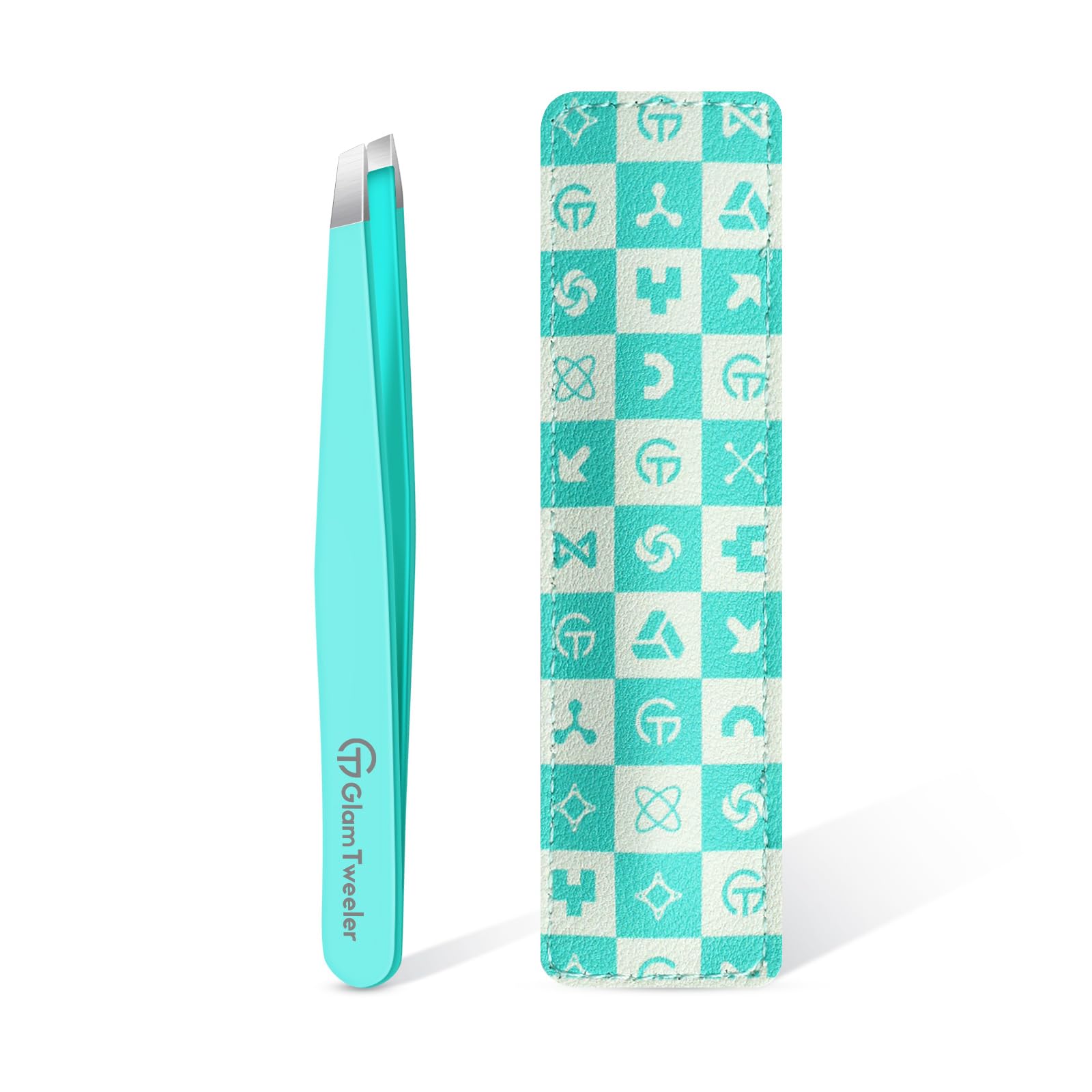 GlamTweeler Expert - Pinzas de depilación de cejas con funda de cuero, punta inclinada de alta precisión, pinzas de acero inoxidable para hombres y mujeres (color azul huevo de Robin)