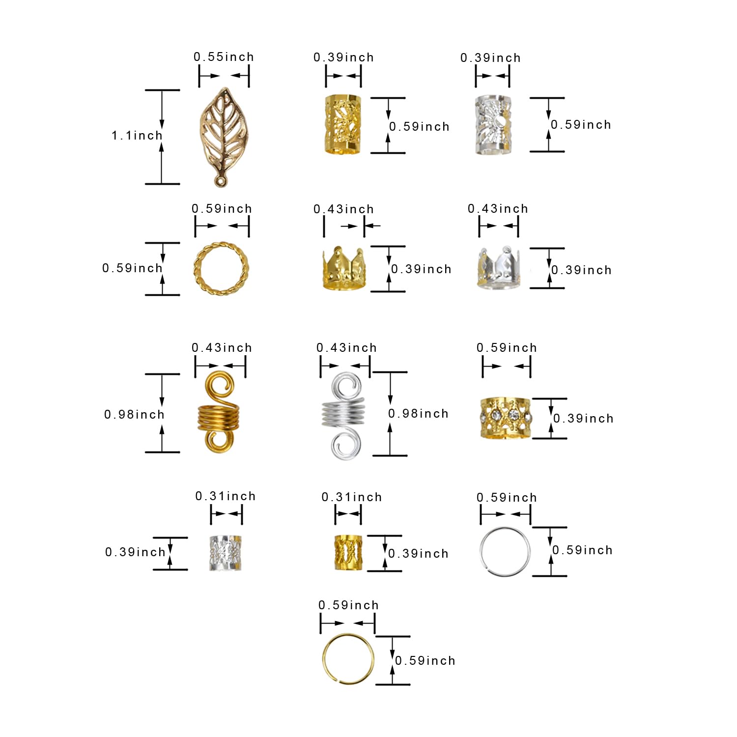 170 Pieces Hair Jewelry Cuffs Charms Rings for Braids Locs Metal Dreadlocks Beads Accessories, Gold and Silver, 1 count (Pack of 170) - Image 3