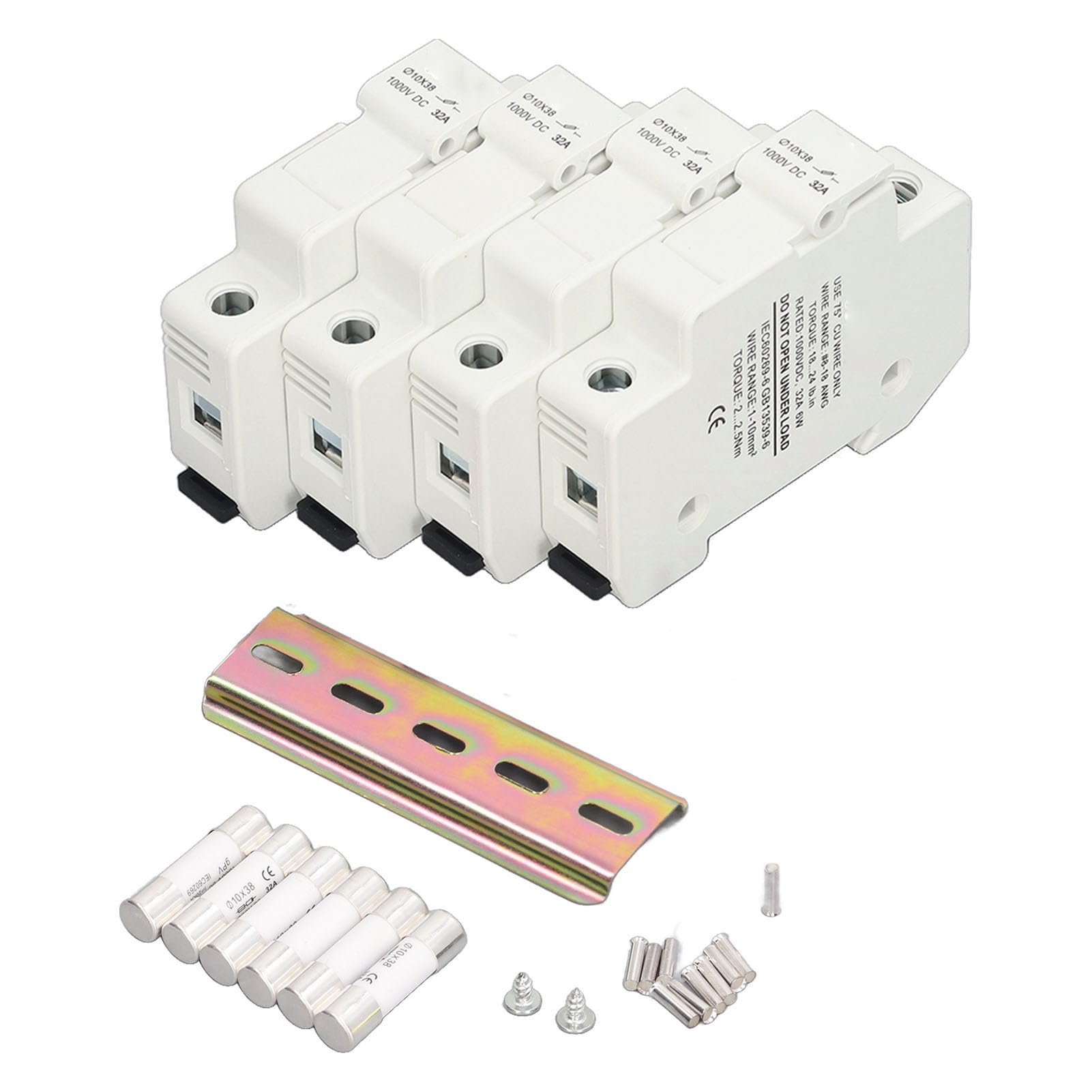 Set di fusibili fotovoltaici solari in Materiale ignifugo PA66 con 4 Supporti per Montaggio su Guida DIN e 6 fusibili cilindrici - CC 1000 V 32 A 10 x 38 mm per la Protezione di