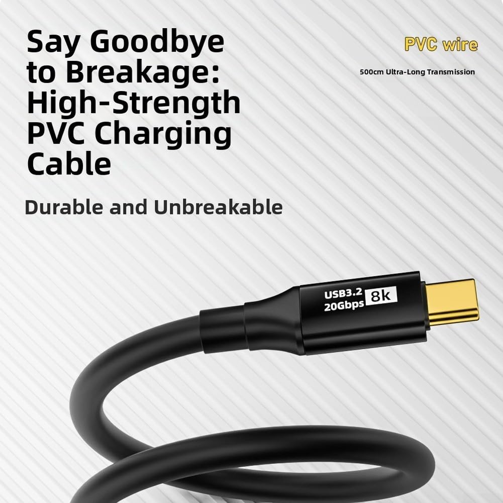 Cavo di ricarica USB C in nylon, 5 m, robusto per telefono cellulare (5 m (due pezzi)) | Ricarica rapida da 100 W, trasferimento dati da 20 Gbps, portata di 5 m, materiale in PVC, nero