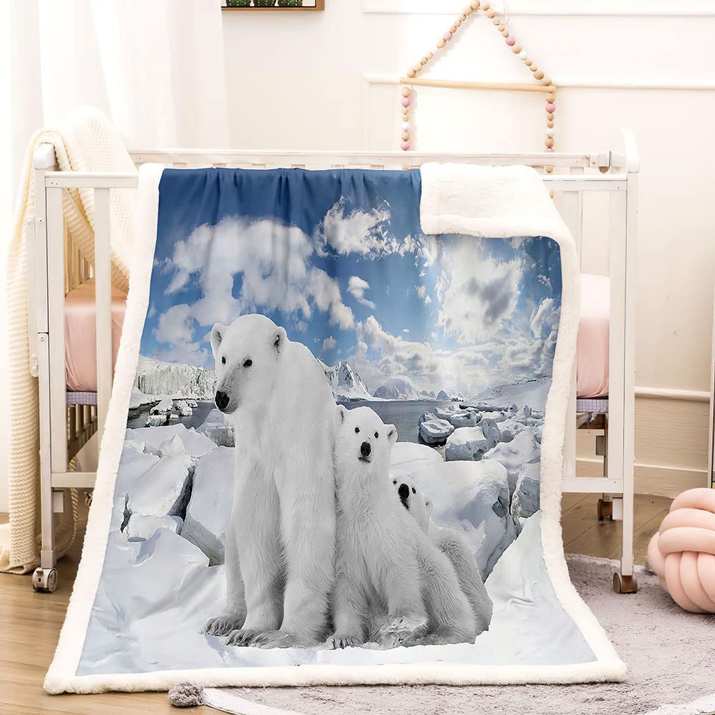 Manta Polar Grande Gruesa 150X200Cm para Cama 150, 3D Oso Polar Glaciar Impresión Patrón Manta De Franela Invierno Manta Felpa De Sofá 100% Microfibra Suave, Caliente para Hogar