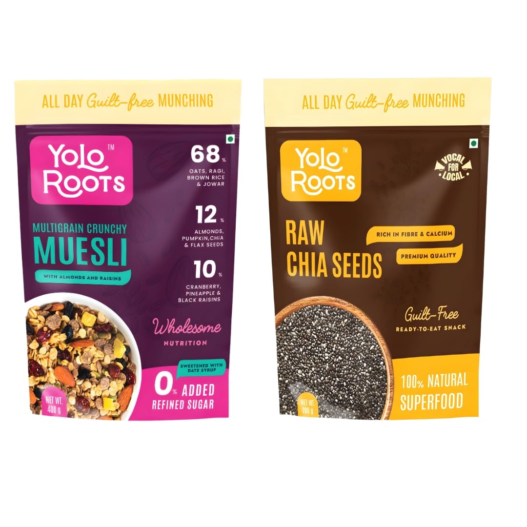 Yolo Roots Multigrain Crunchy Muesli 400g with Raw Chia Seeds 200g Combo | No Added Sugar | Nuts, Fruits & Super Seeds | Healthy Breakfast (Pack of 2)