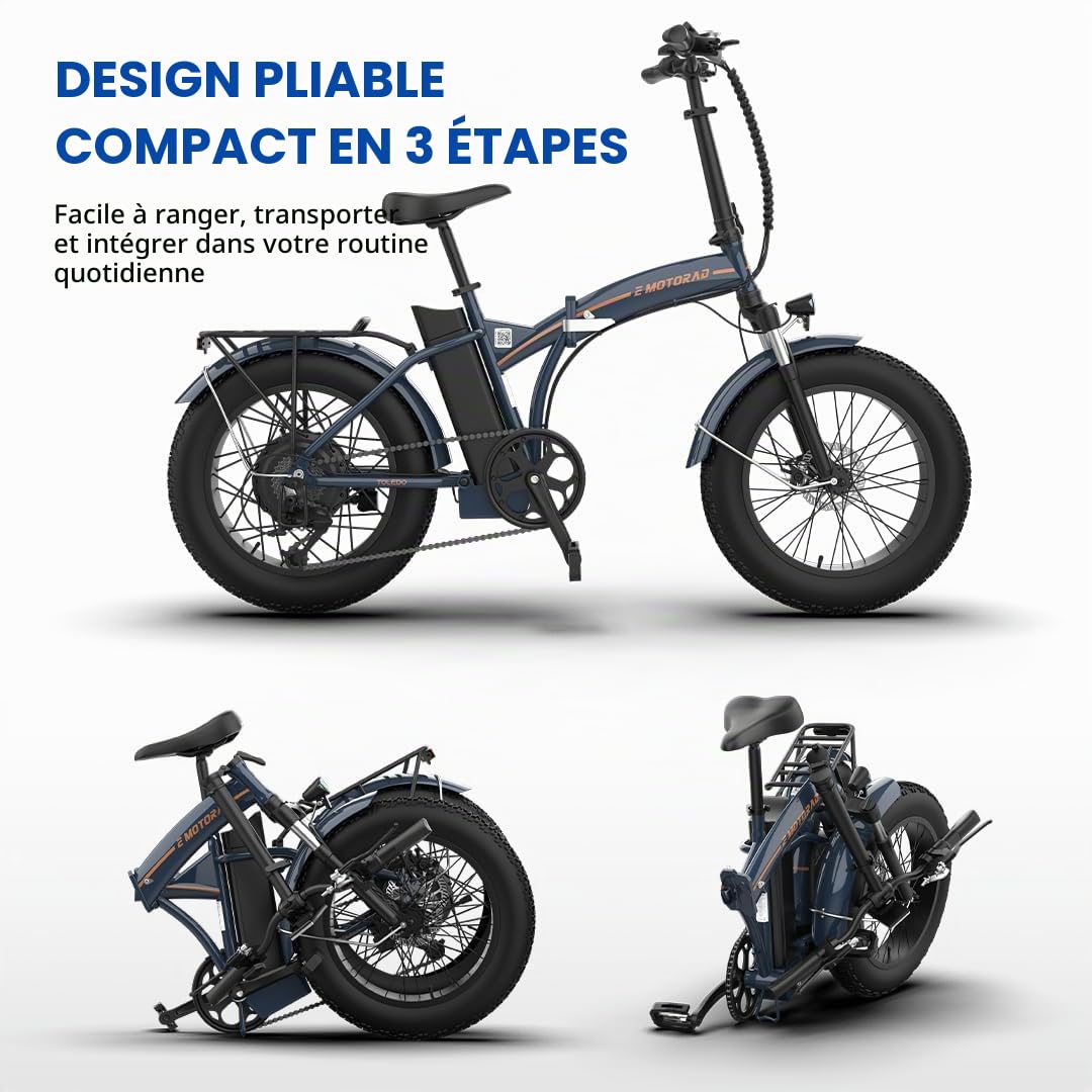 EMotorad Toledo | Vélo Électrique Pliable pour Adultes | Pneus Kenda Fat Tire 20x4" | Moteur 36V 250W | Batterie Amovible 13Ah | 5 Niveaux d’Assistance | Écran LCD