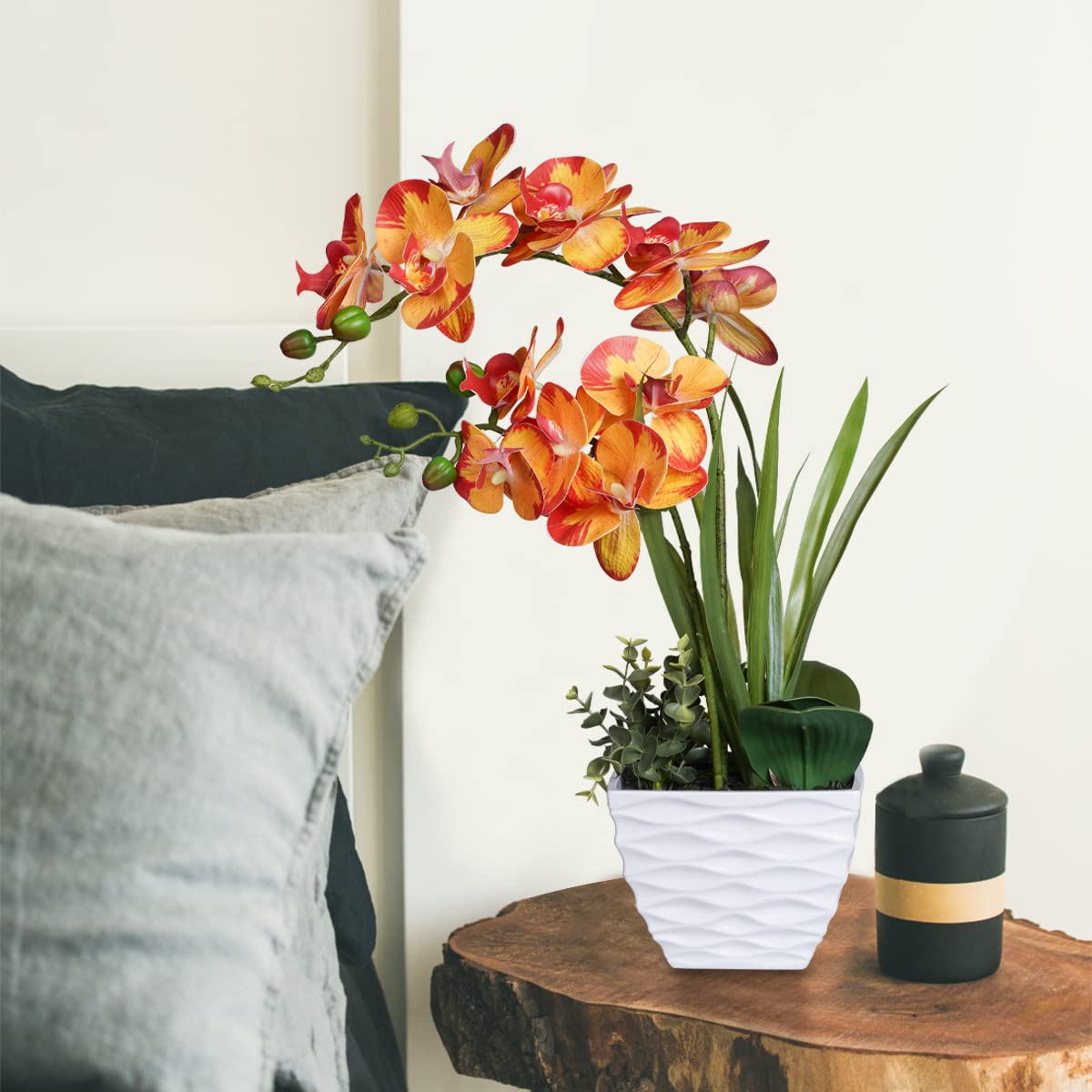 Künstliche Orchidee Orange Mit Topf – 48 Cm Hohe Seidenblume Für Tischdekoration, Hochzeit, Zuhause