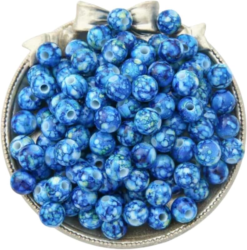 100pcs Acrylic Round Beads Dark Blue 10MM Large Patterned Beads for Bracelet Making Adults,with 3MM Hole