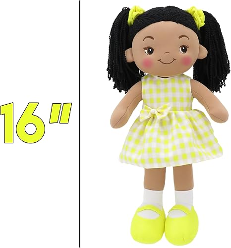 Miniatura 2 de Muñecas de acurrucarse personalizadas, muñeca de trapo suave morena personalizada, vestido amarillo a cuadros, 16 pulgadas, muñecas de trapo