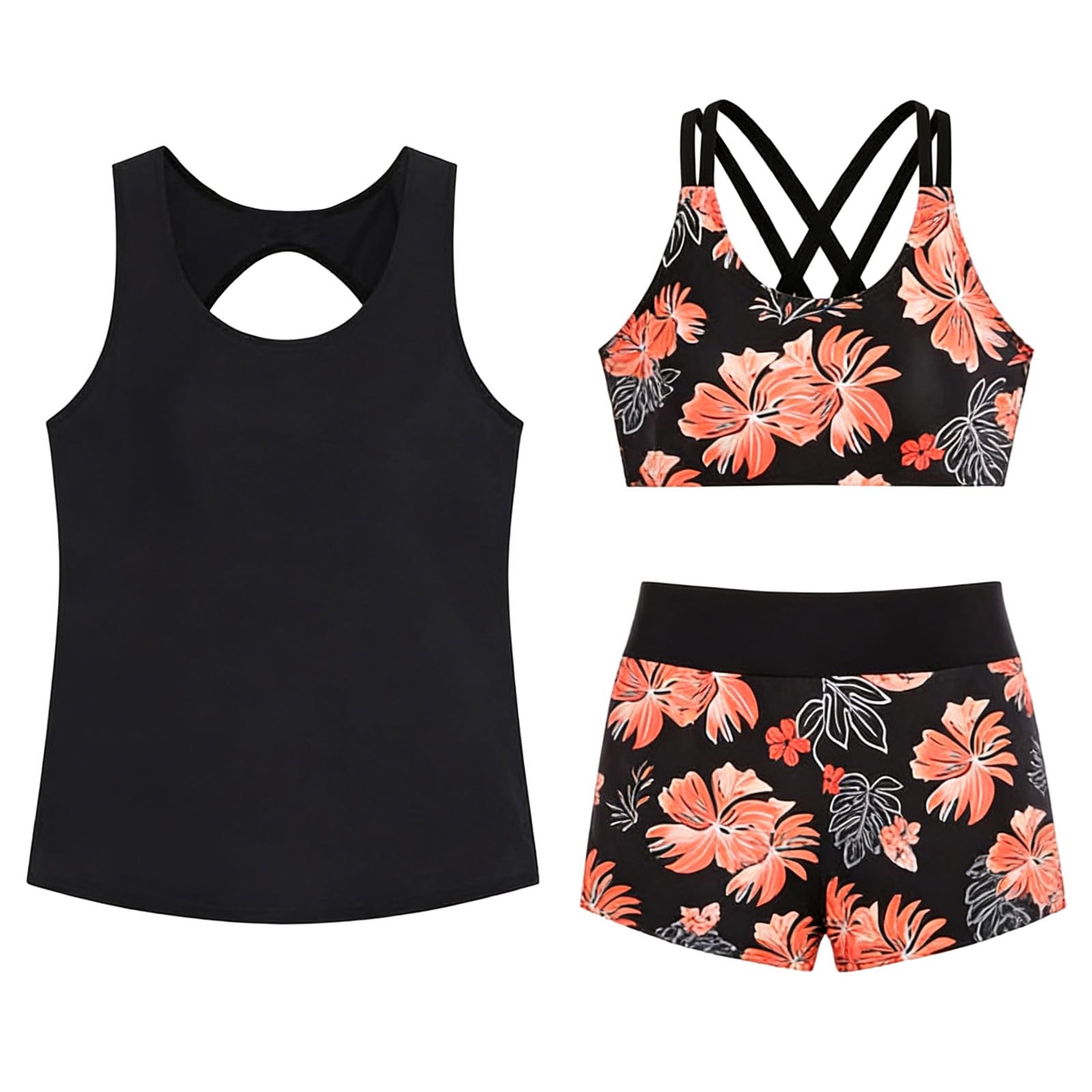 Generisch Costume da bagno con gilet conservatore, bikini stampato, set da tre pezzi, tankini da donna con cintura arricciata