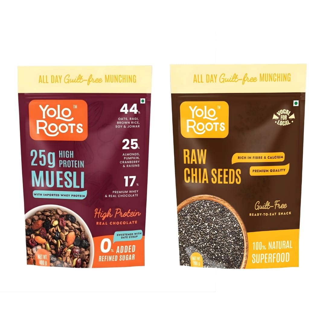 Yolo Roots Raw Chia Seeds 200g + Whey Dark Chocolate Muesli 400g Combo | 17% Whey Protein | No Added Sugar | High-Protein Breakfast & Superfood Seeds Pack of 2
