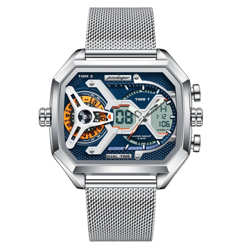 OVERFLY POEDAGAR Chronograph Luxury Watch | Analog-Digital Dual Time | Rectangle Wrist Stainless Steel Watch | Mesh Strap | Mens Dual Time Digital Watch for Men | Trendy Watches - Blue Silver