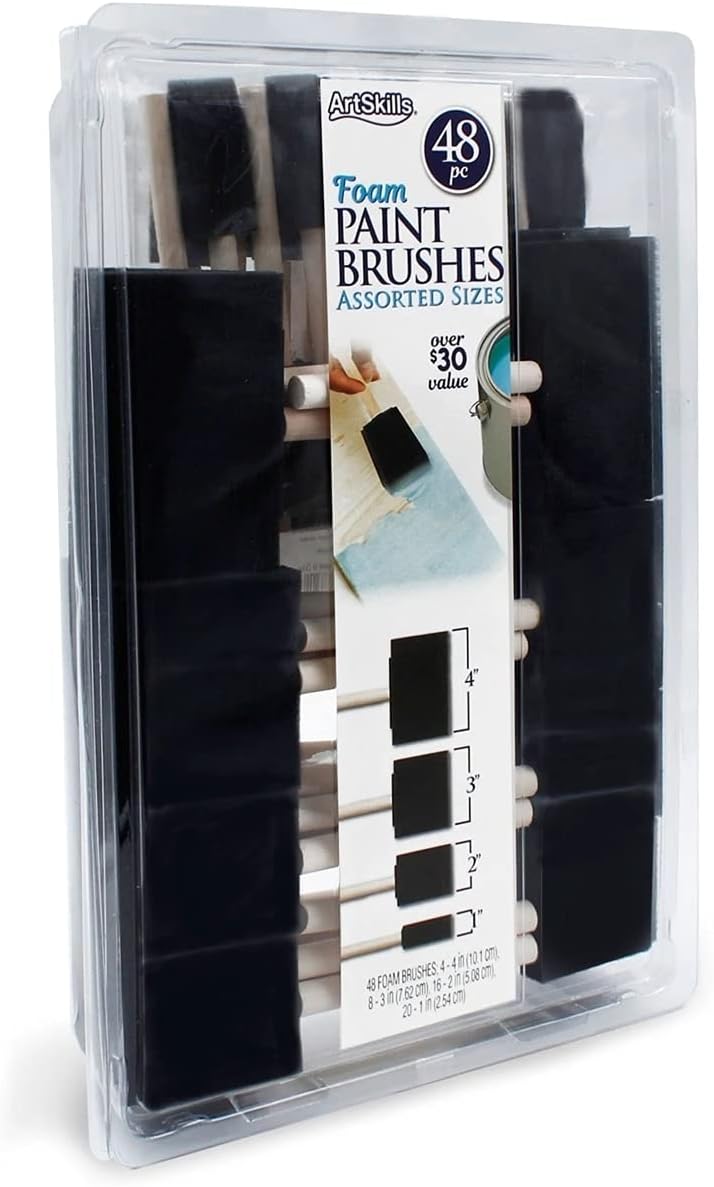 ArtSkills Bulk Foam Paint Brushes, Sponge Brushes for Painting, 4” 3” 2” & 1” Sponge Paint Brushes for Art, Varnish, Wood Stain, Assorted 48pk