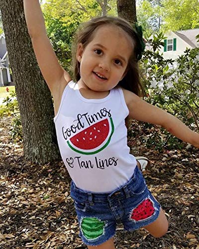 Honganda 2Pcs Toddler Kids Baby Girl Watermelon Outfits Sleeveless Tank Top+Denim Shorts Summer Clothes (White+Watermelon, 3-4T)