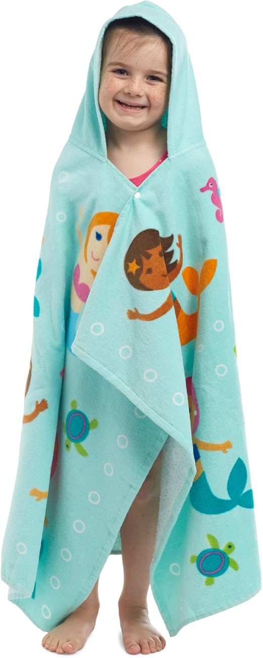 Wildkin Kids Hooded Beach Towel – 100% Cotton, Snap Front for Bath, Pool & Beach - Mermaids