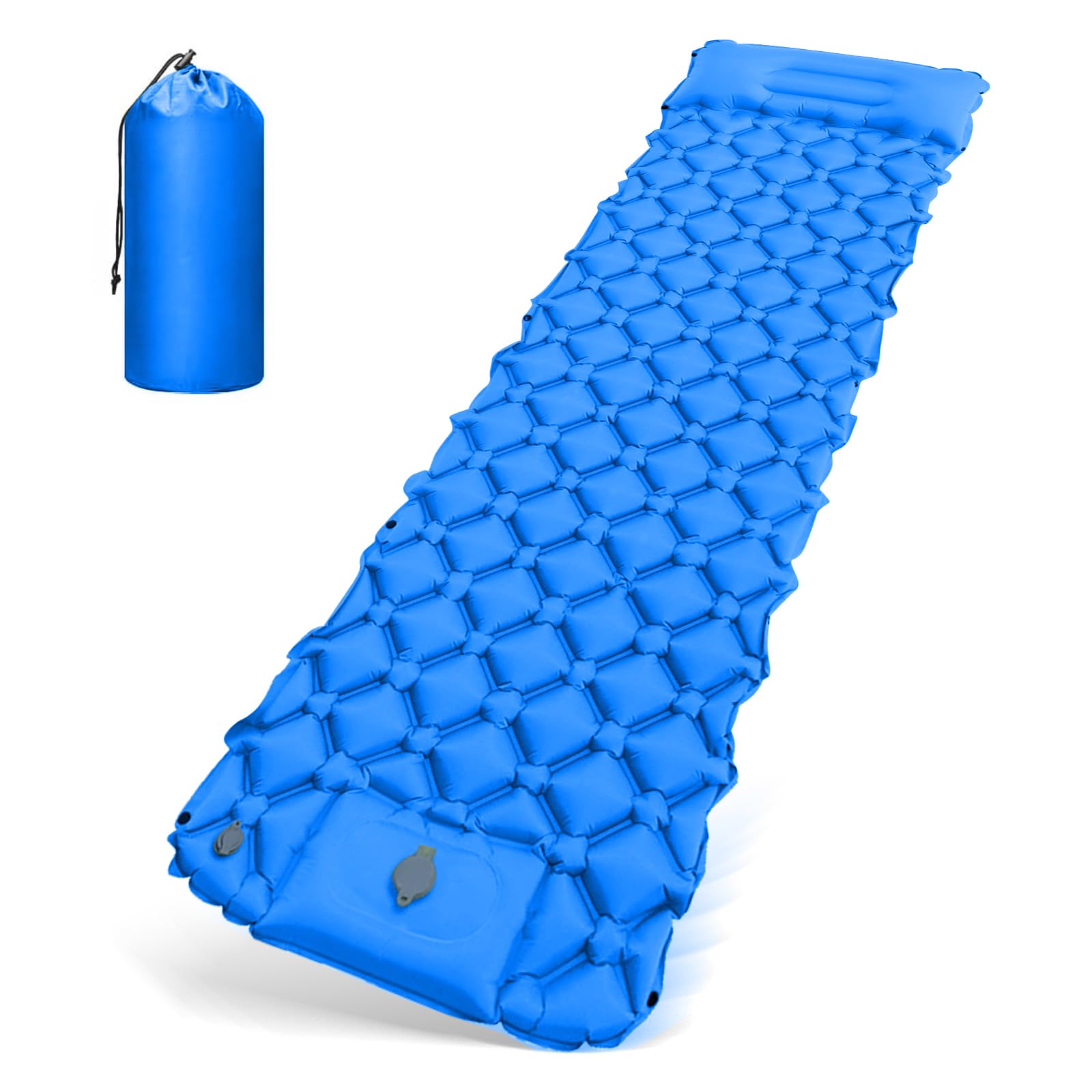 Matelas de Camping Autogonflant 195x60x5cm Bleu avec Oreiller et Pompe