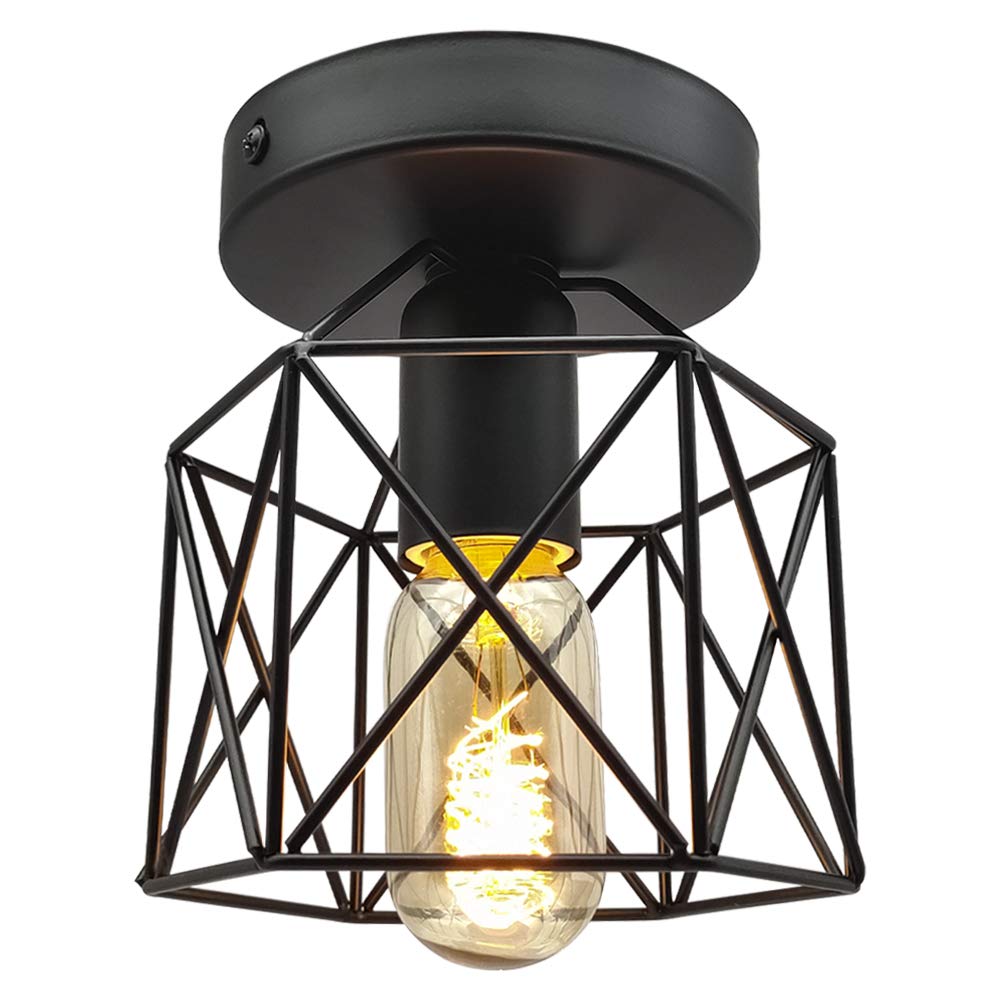 Buy Vintage Industrial Flush Ceiling Light, Bulb Included, E26 E27 Retro Black Metal SemiFlush