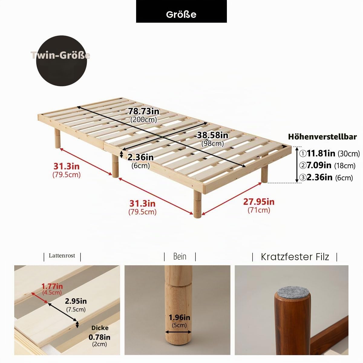 EMOOR Holzlatten-Bettgestell Fuji 98 x 200 cm für japanische Futon-Matratze (Natur-Braun), Höhenverstellbar (6/18/30 cm) Tatami-Matte