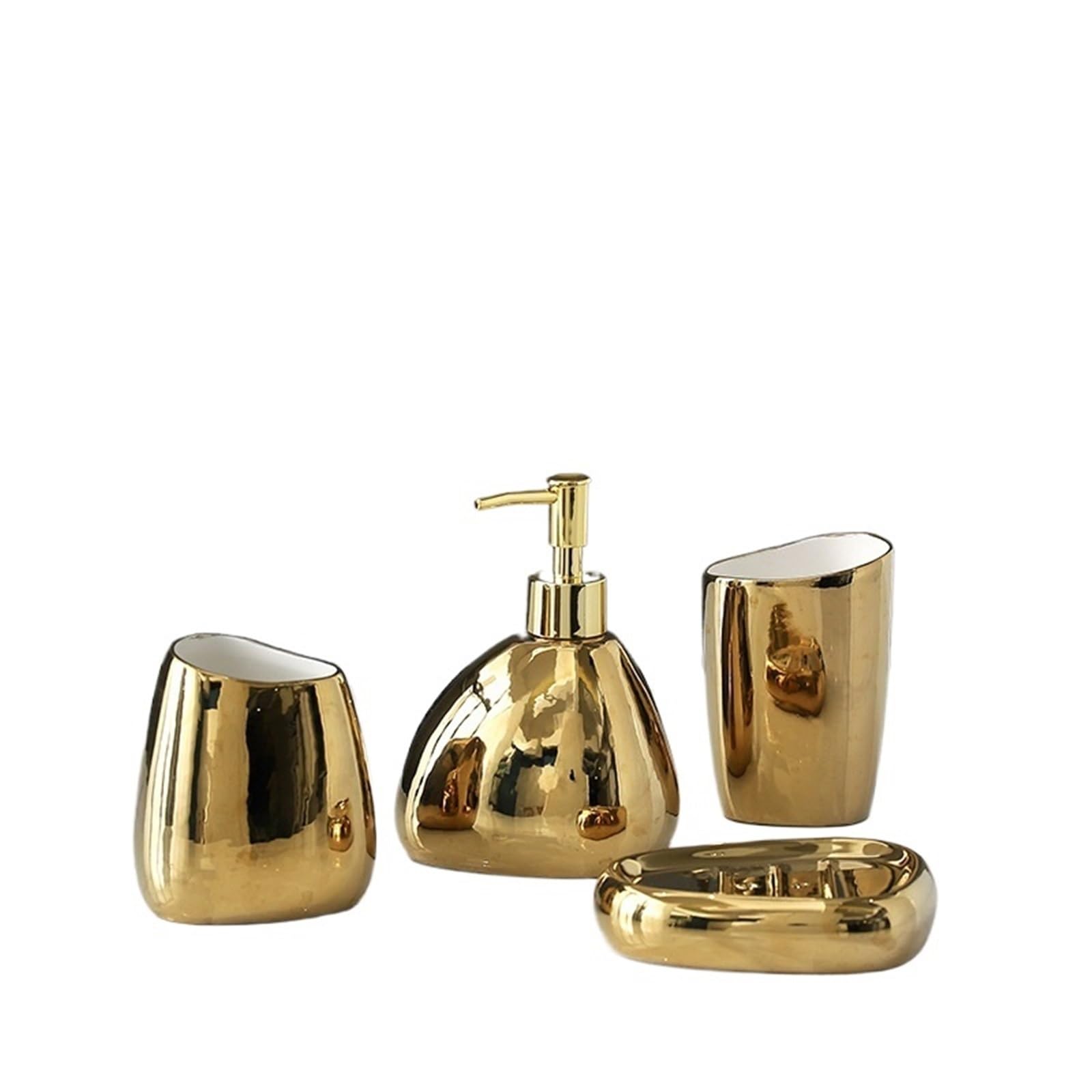 Bathroom Soap Dispenser Set Complete Ceramic Bathroom Accessories Set With Soap Dispenser Tumbler Toothbrush Holder And Dish Organizer(Gold 4Pcs)