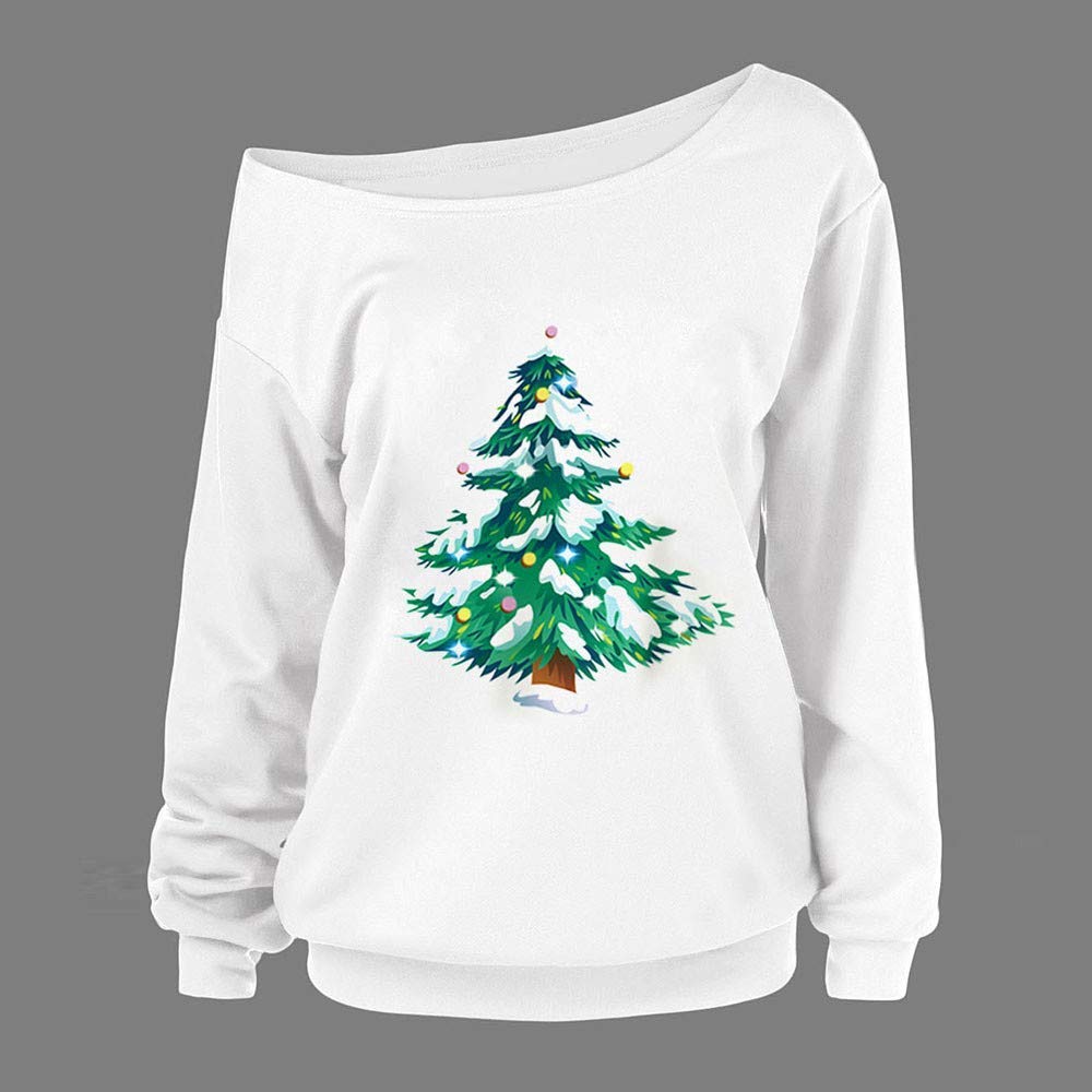 Damski świąteczny sweter choinka nadruk z odkrytymi ramionami odzież topy na co dzień bluza bluzka, biały-1, XL