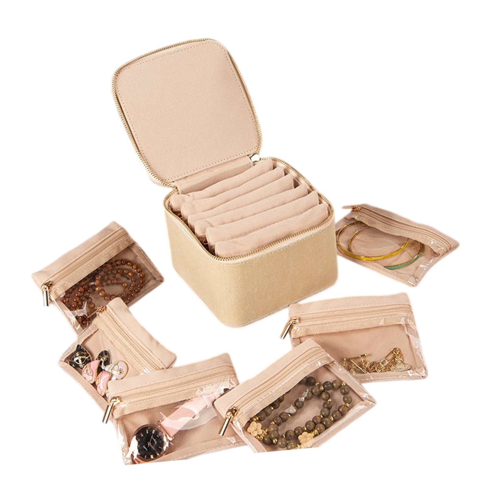 BWANGIAO Velvets Jewelry Organiser With 6 Transparency Pouches Storage Box For Necklaces Bracelets Rings Earrings And Brooches