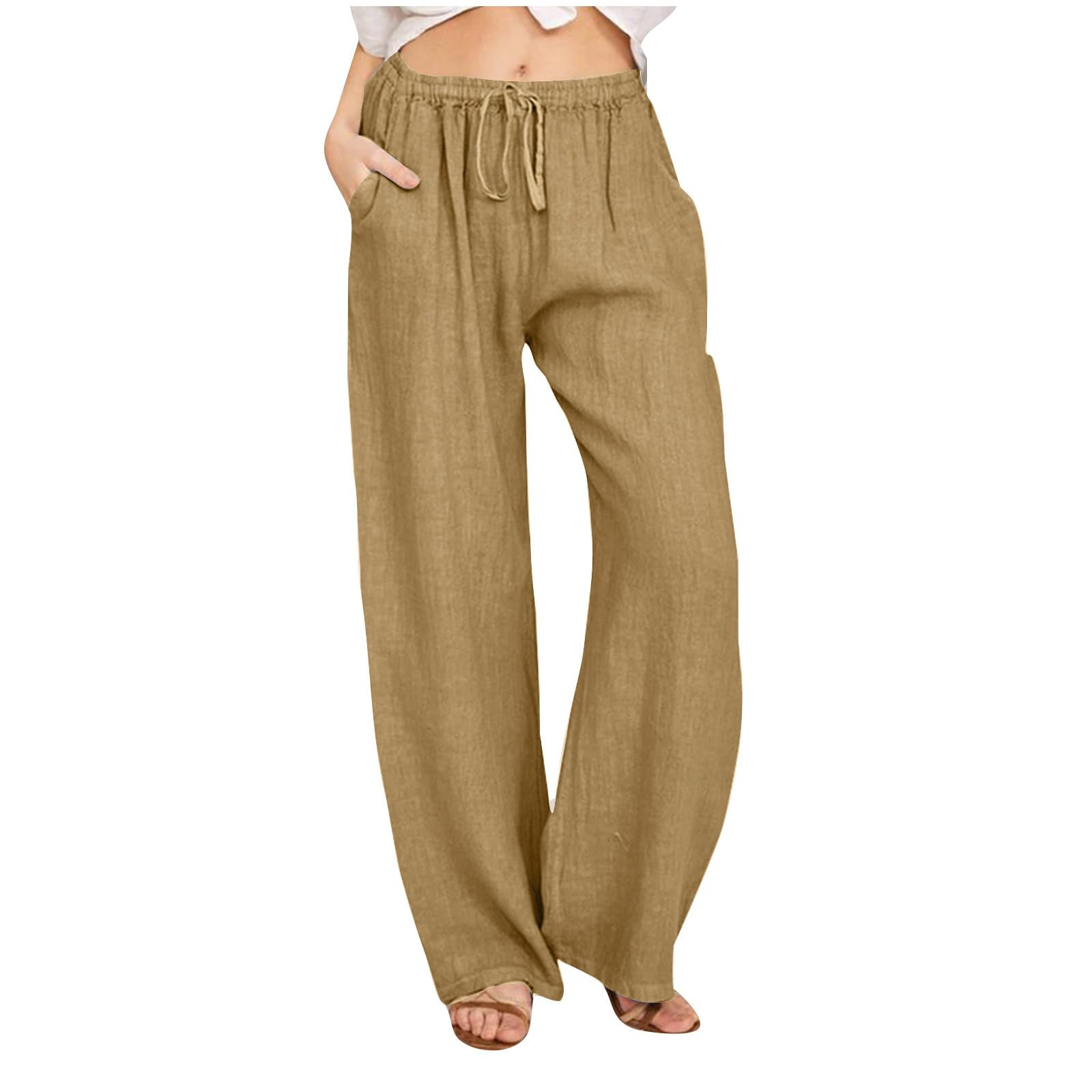 Womens Summer Cotton Linen Pants High Waist Drawstring Wide Leg Palazzo Pant 2025 Lightweight Comfy Lounge Trousers
