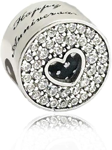 MiniJewelry Abalorio de corazón con texto en inglés Happy Anniversary Love, se adapta a pulseras Pandora Moments para mujeres, esposas,, Metal,