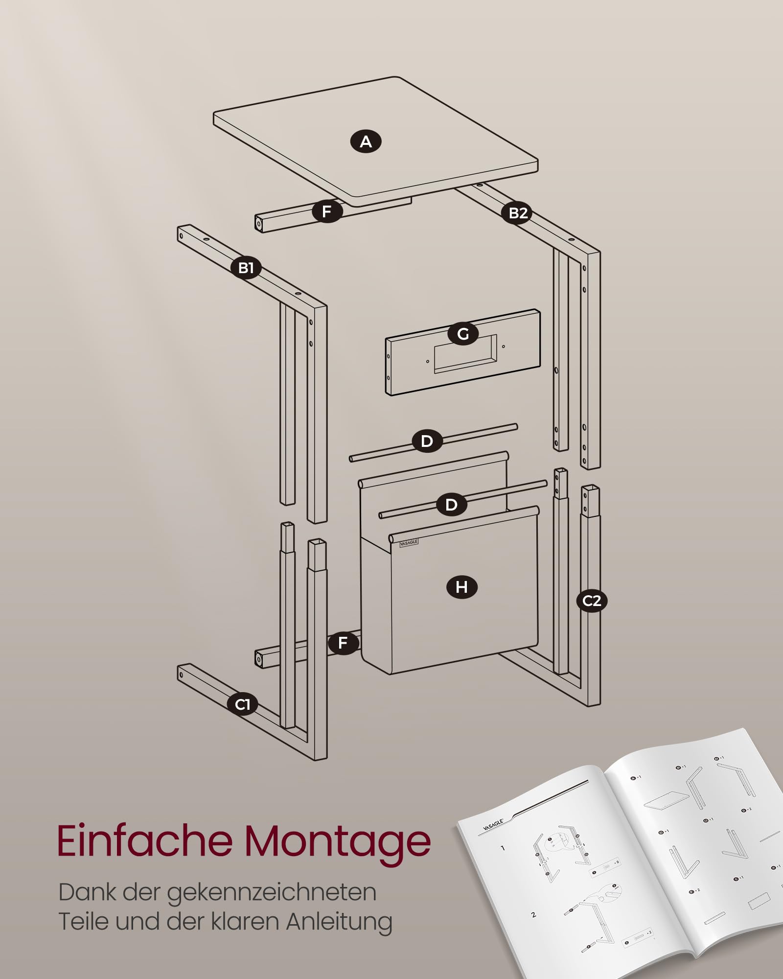 VASAGLE Beistelltisch, C-Form, mit Steckdose, Metallgestell, 40x30x62.2 cm | Sofatisch, Kaffeetisch, für Kaffee und Laptop, modernes Design, cremeweiß, BARNET Kollektion LET356W02