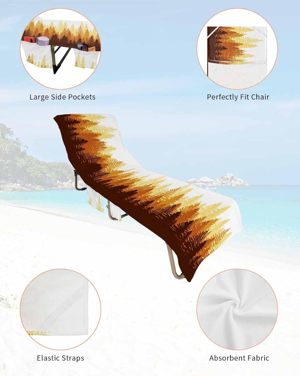 Abstract Forest Orange Beach Pool Patio Lounge Chaise Chair Cover Towel With Pockets,Absorbent & Quick Dry Microfiber Towel Cover Bag Summer Sunbathing Accessories Modern Gradient Aesthetics Colors