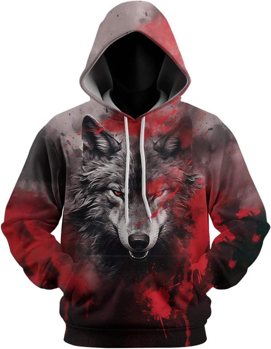 Mens Cool Animal Graphic Hoodies Wolf Printed Sweatshirt Hoodie Pullover with Pocket - Image 2
