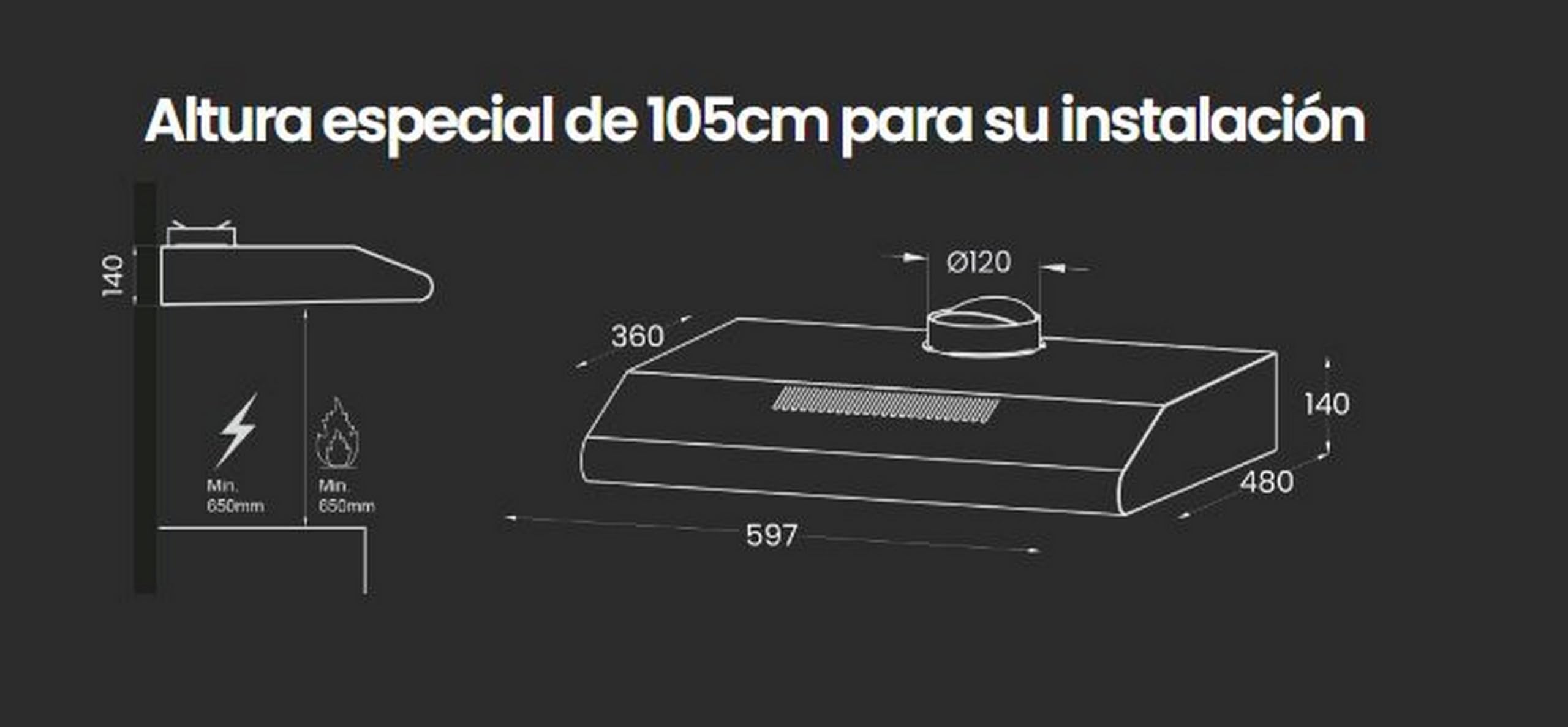 INFINITON Campana Extractora CMPV-620XB10, 200 m3/h, Ancho 60 cm, Altura especial de 105cm para su instalación, Luz LED incorporada,3 Niveles de potencia de succión, Inox