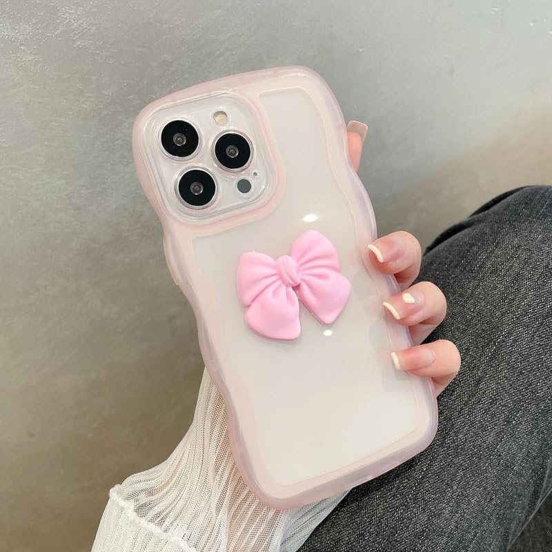 Image of ZR015 for iPhone 16 Pro Max Back Case Cover | Wave Edge Bow Slim Fit | Camera Protection | Shockproof TPU Case - Pink