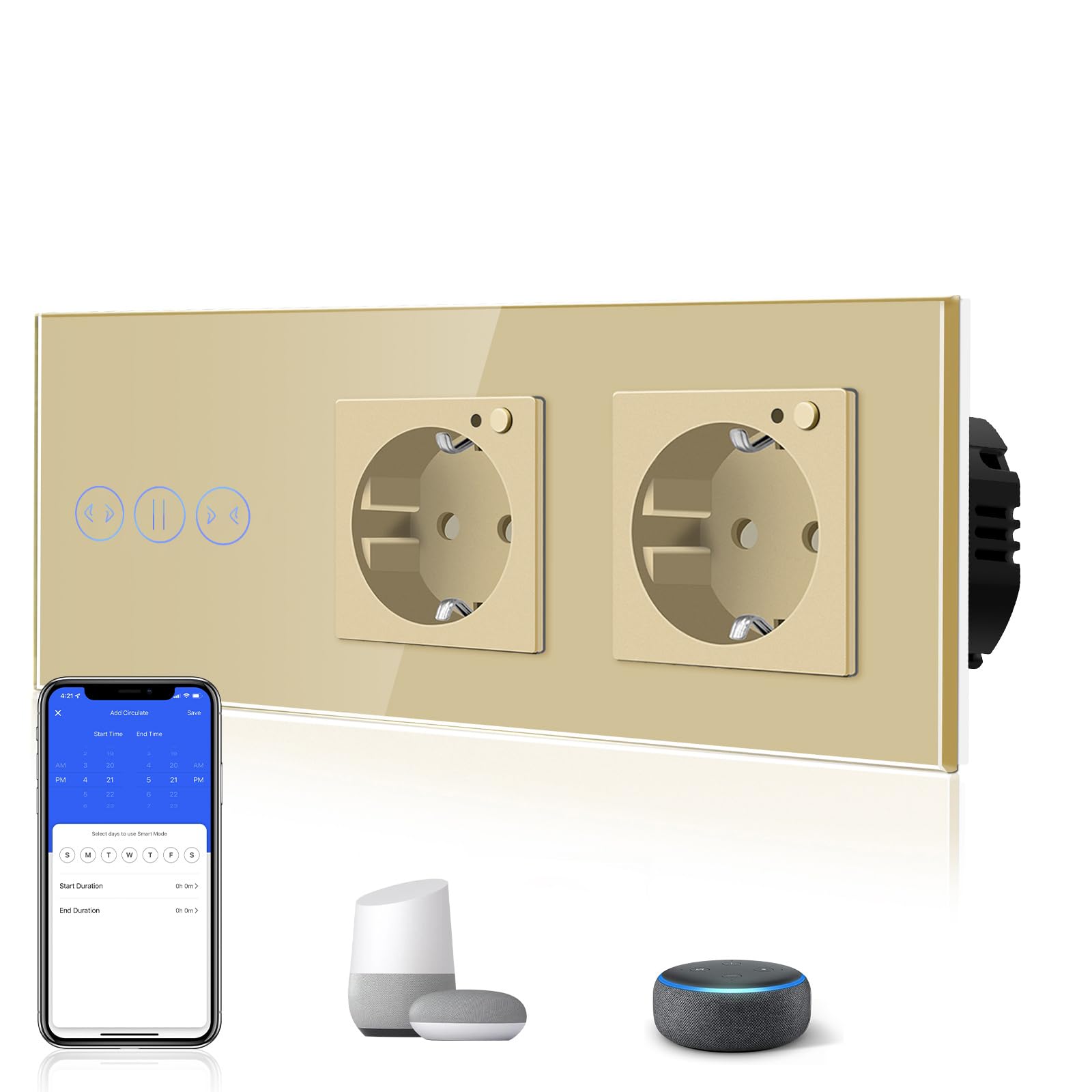 BSEED Przełącznik kurtyny WiFi Smart Alexa z podwójnym gniazdkiem (nie rolkowa), z Google Home Tuya, szklany przełącznik z ekranem dotykowym, Wi-Fi, przełącznik żaluzji (wymagany przewód neutralny), złoty