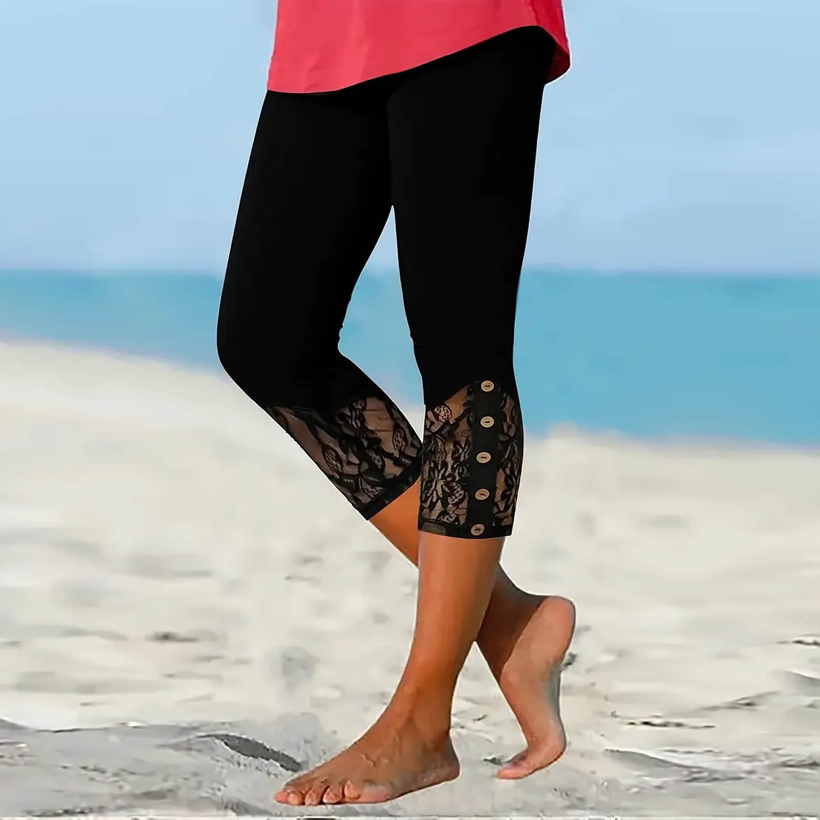 EMATOP Sexy Spitze Leggings Damen 3/4 Sport Caprihose High Waist Kurze Sporthose Blickdicht Elegant Capri Hose Baumwolle Leicht Jogginghose Bequem Einfarbig Yogahose Casual Sportleggins