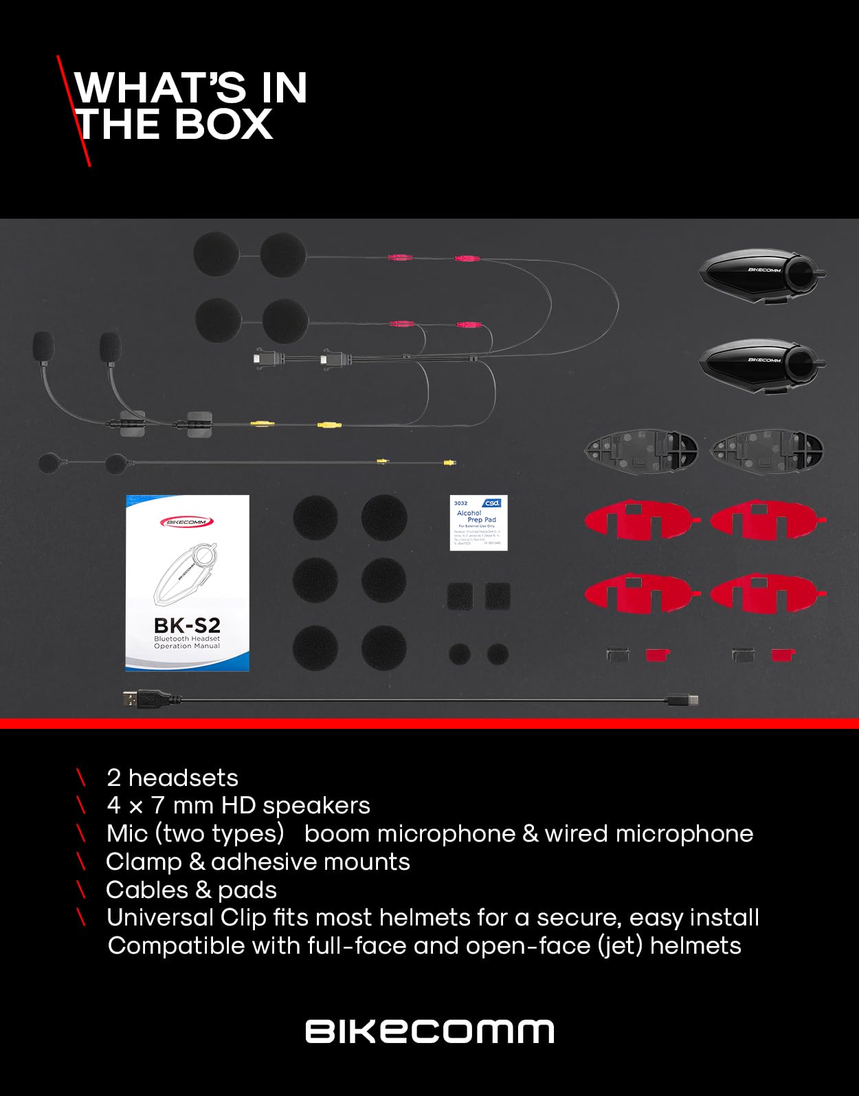 BK-S2 - Auriculares de intercomunicación Bluetooth para motocicleta, sistema de comunicación para casco, altavoz impermeable, auriculares de comunicación de voz, auriculares para casco, cancelación de