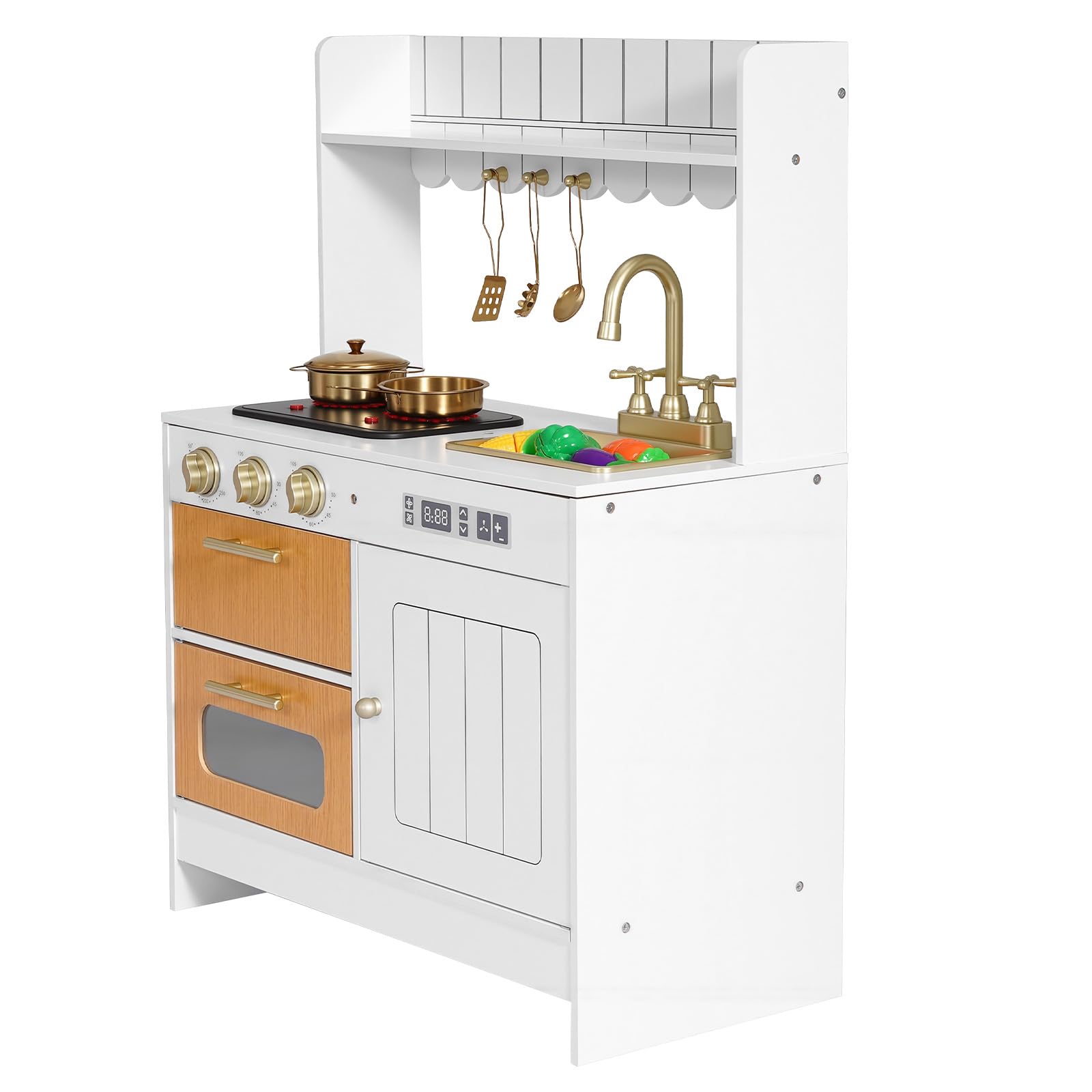 VEVOR Cocina de Juguete para Niños de 3 a 8 Años, Cocinita Infantil de Madera con Luces y Sonidos, Zonas Interactivas, Juego de Cocina con Almacenamiento, Microondas, Fregadero, Accesorios, Blanco