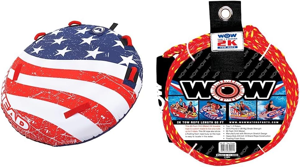 SportsStuff Airhead Stars and Stripes 1 Towable Tube + WOW Sports World of Watersports 60 ft. Tow Rope with Floating Foam Buoy