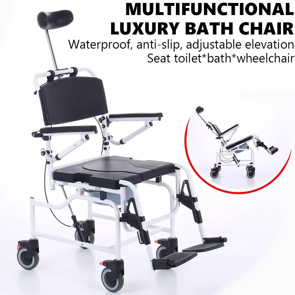 Silla de Ruedas de Baño Ajustable, Silla de Baño Basculante, Silla de Ducha con Ruedas