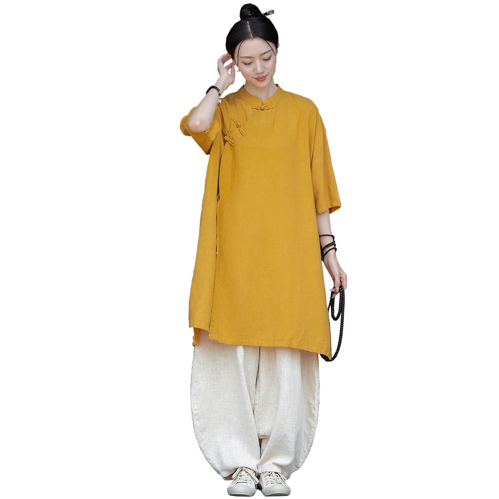 Vêtements de Tai Chi amples pour femmes, uniforme traditionnel chinois en coton et lin pour arts martiaux, tenue de méditation zen, tenue d'exercices du matin,YellowA-OneSize