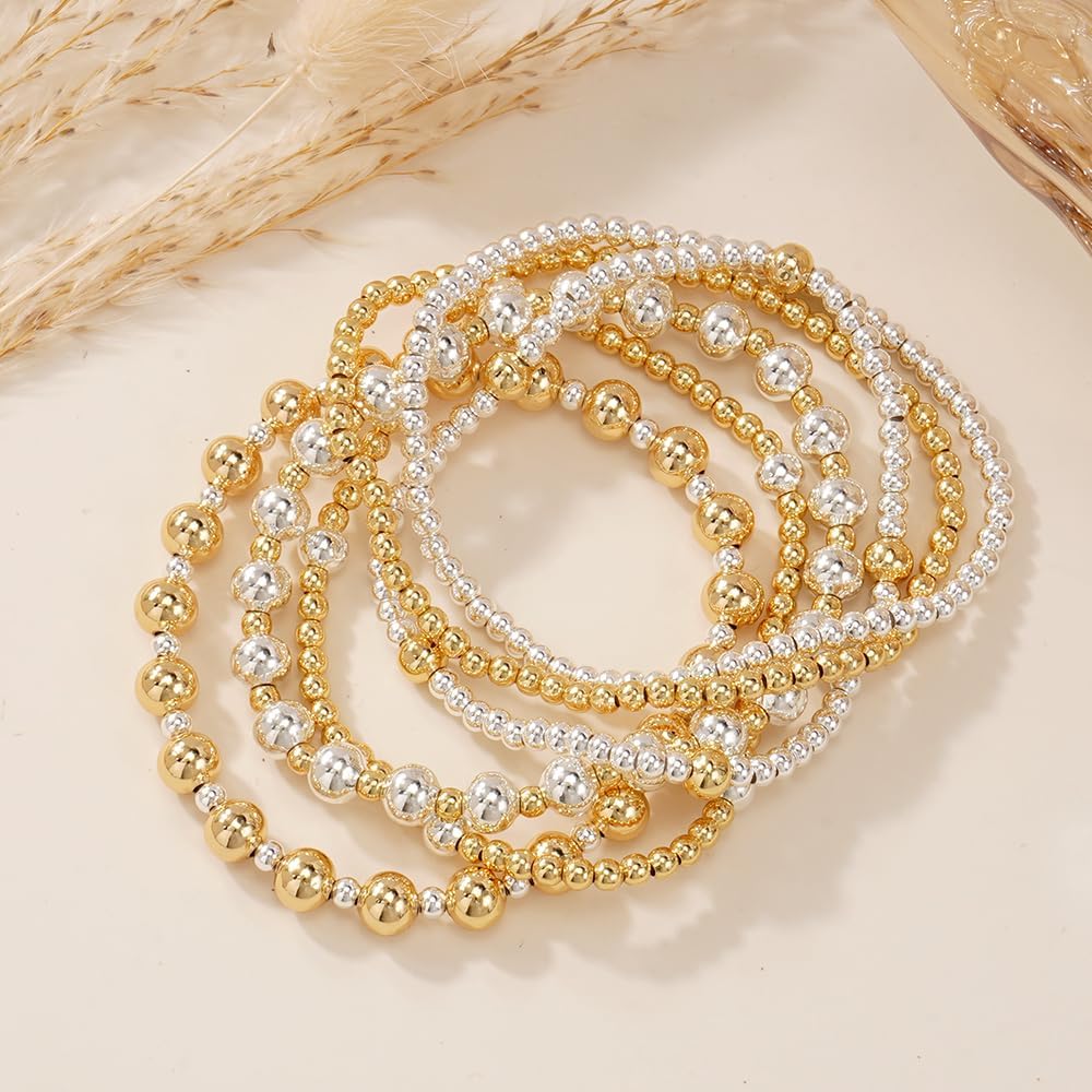Gold Beaded Bracelets for Women 14K Gold Plated Beads Ball Silver Stackable Stretch Elastic Adjustable Bracelet Stack Non Tarnish Trendy Jewelry Set Adjustable Christmas Gifts for Women - Image 5