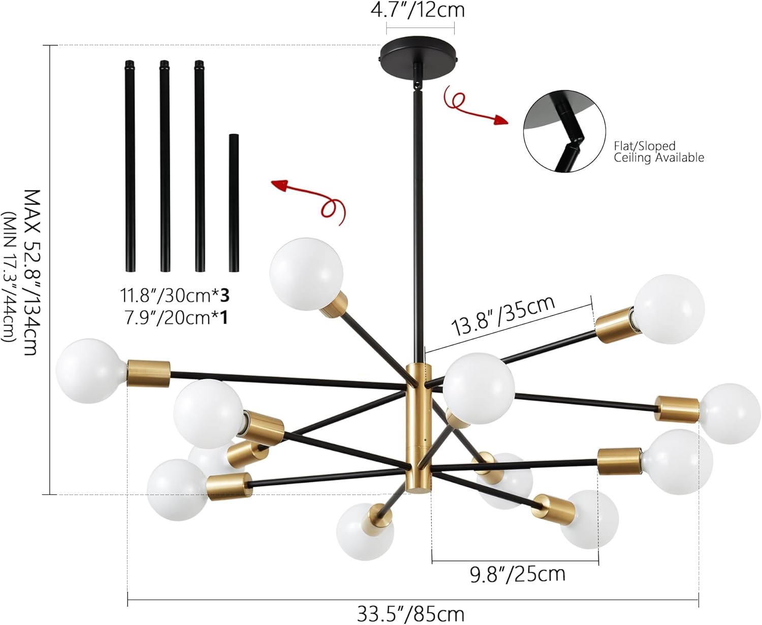 12-Light Black and Gold Sputnik Metal Chandelier