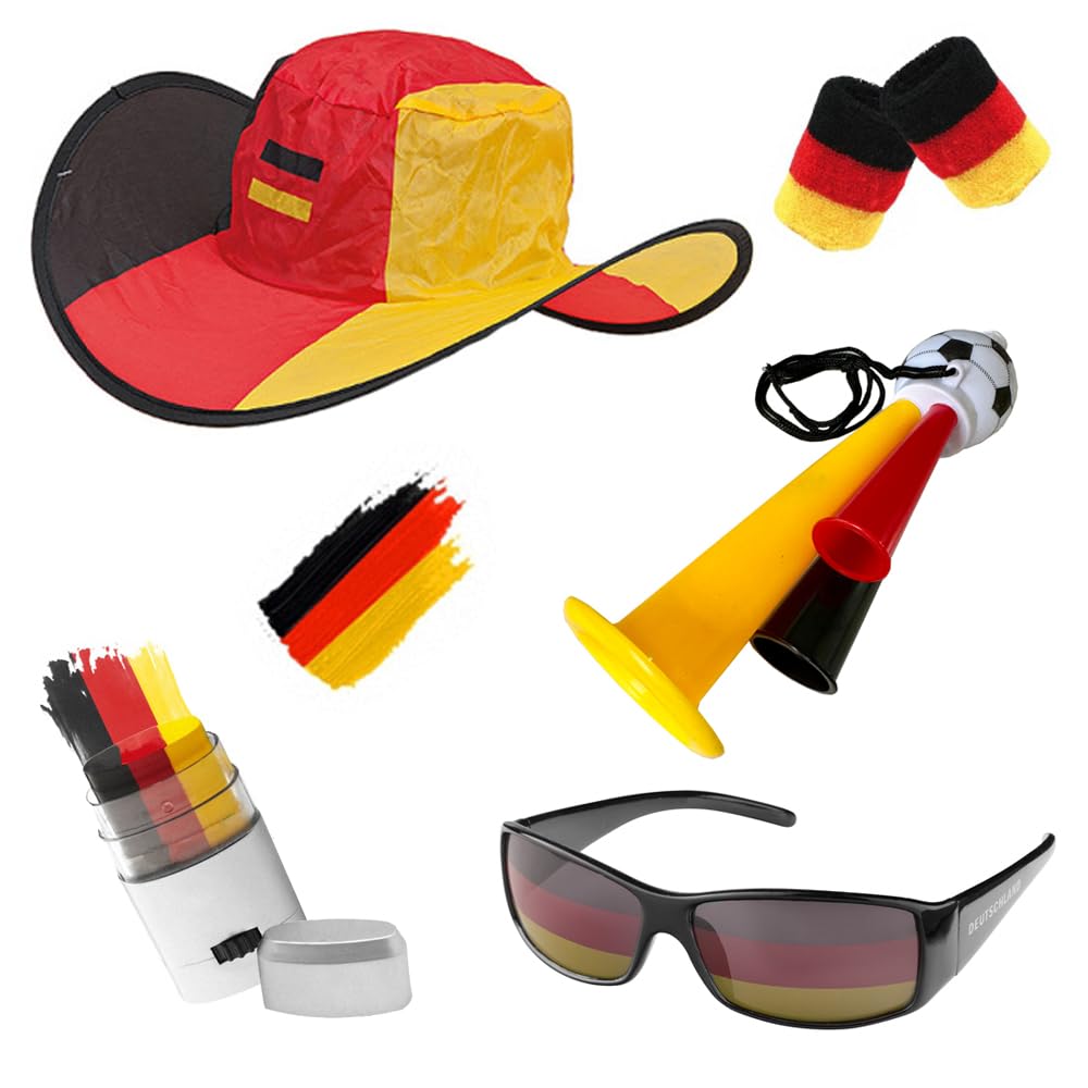 Taffstyle Deutschland Fan Set 5 Teilig Fußball EM WM Fanartikel mit Cowboyhut Sonnenbrille Schminkstift Tröte Schweißbändern Länderflagge Public Viewing