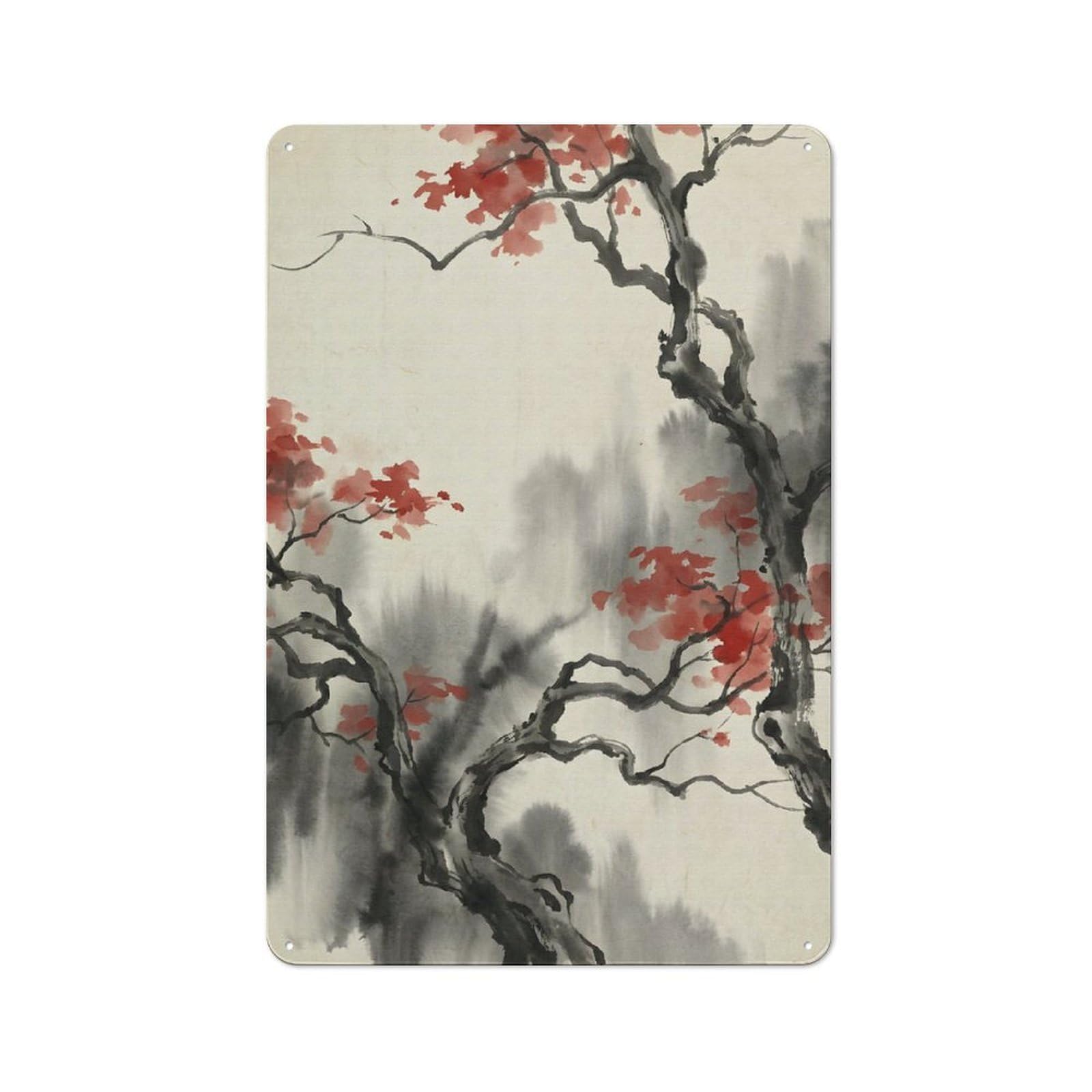 For Hobby Room Or Studio, Japanese Ink Painting with Red Leaves Retro Metal Wall Sign 30x20cm, for Vintage Wall Decor Fans, for Themed Room Decoration
