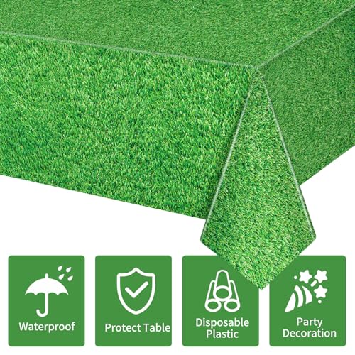 Image of 54 x 108 Inch Grass Party Tablecloths Disposable Plastic Green Table Cover for Golf Birthday Party Hole in One Decorations Outdoor Indoor Supplies