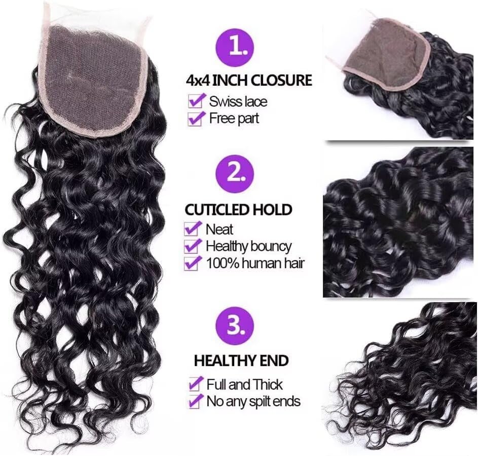 12A Water Wave Bundles with Closure Brazilian Virgin Wet and Wavy Human Hair 3 Bundles with Closure 100% Unprocessed Curly Human Hair Extensions 12 14 16 +10 Curly Human Hair Bundles With Closure - Image 3