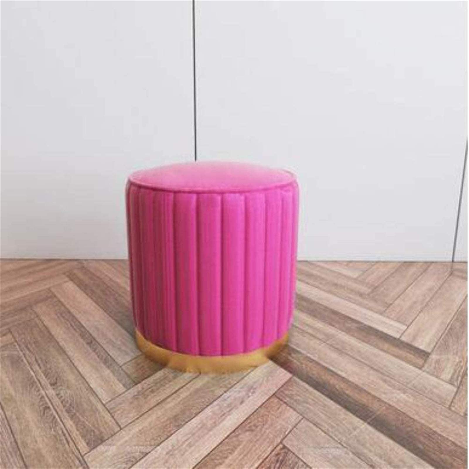 Pouf repose-pieds rond en fourrure rose et métal doré chic